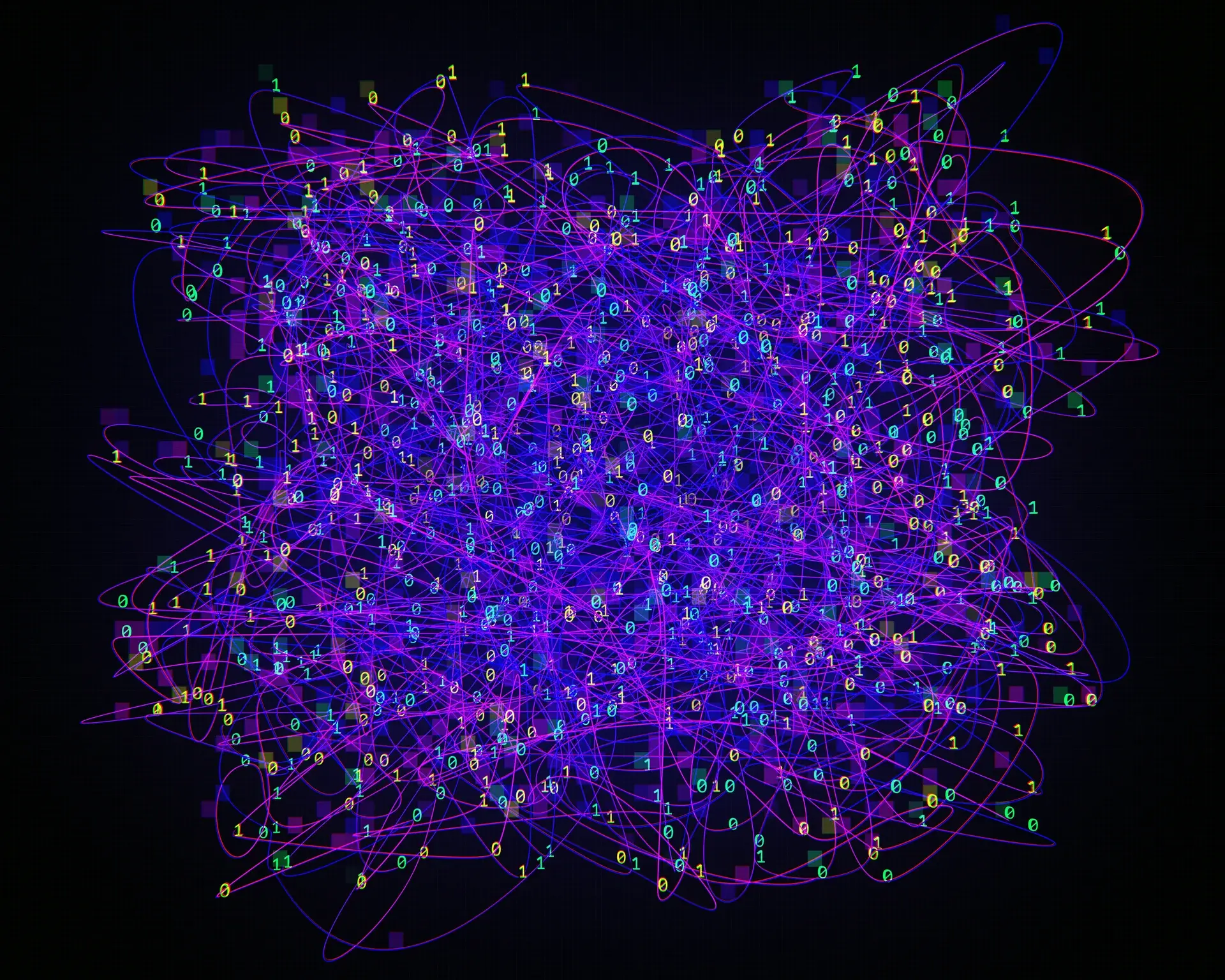 Abstract digital visualization of binary code and connecting lines representing data networks and infrastructure.
